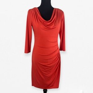 Donna Ricco New York Dress Coral Orange 3/4 Sleeve Cowl Neck Sheath Dress 6
